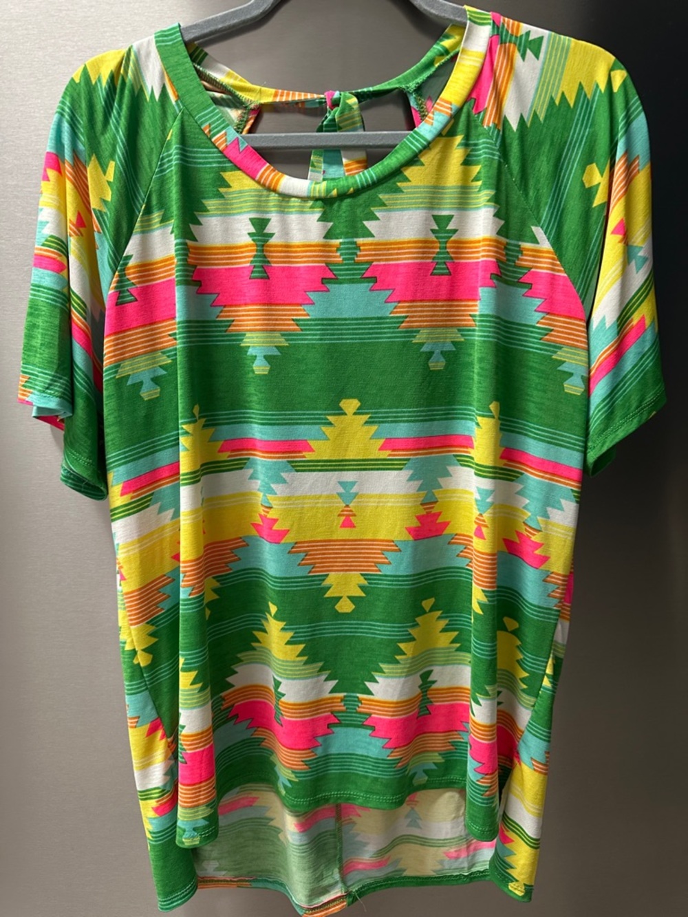 Sew In Love Green Aztec-Print Short Sleeve Tee with Pink & Yellow Accents